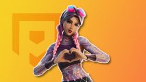 Fortnite logo: A tattooed pink-haired Fortnite character doing a hand heart, outlined in white and drop shadowed on a yellow PT background