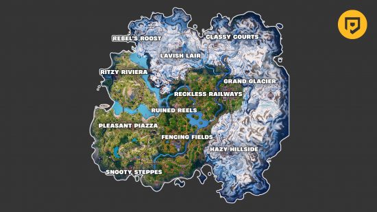 Fortnite map: The official Fortnite Chapter 5 Season 1 map outlined in white, labeled with all the locations in the official font. This is pasted on a dark grey background with a yellow PT logo circle in the top right corner
