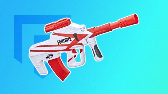 Fortnite Nerf guns: The Fortnite Nerf B-AR blaster outlined in white and pasted on a blue PT background
