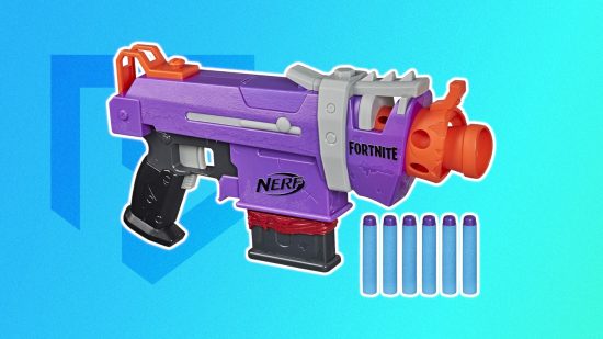 Fortnite Nerf guns: The Fortnite Nerf SMG-E blaster outlined in white and pasted on a blue PT background