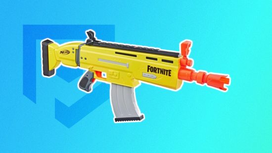 Fortnite Nerf guns: The Fortnite Nerf AR-L blaster outlined in white and pasted on a blue PT background