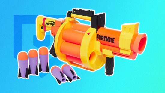 Fortnite Nerf guns: The Fortnite Nerf GL blaster outlined in white and pasted on a blue PT background