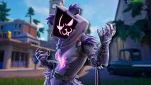 Fortnite OG: The new cat ninja skin outlined in white and drop shadowed on a blurred image of Tilted Towers