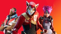 Fortnite tournaments: The header image for the Chapter 5 Season 1 competitive rules featuring three characters on a red to orange gradient background