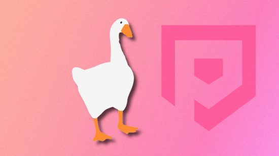 Funny games: The goose from Untitled Goose Game pasted on a peach-pink Pocket Tactics background