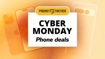 Cyber Monday phone deals, written on a white box over pictures of phones.