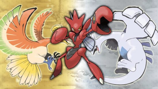 The Gen 2 Pokemon Scizor in front of Ho-Oh and Lugia key art