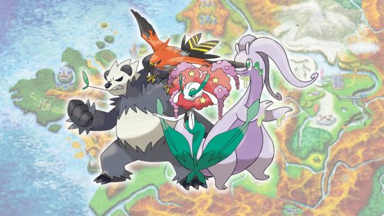 Gen 6 Pokemon: Pangoro, Talonflame, florges, and Goodra in front of a map of Kalos