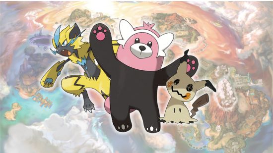 Gen 7 Pokemon: Zeraora, Bewear, and Mimikyu in front of a map of Alola