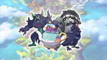 Gen 8 Pokemon: Grimmsnarl, Polteageist, Obstagoon, and Corviknight in front of a map of galar