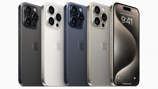 Generative AI iOS 18 - five iPhone 15s line up next to each other
