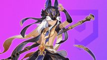 Genshin Impact Cyno holding his spear in front of a purple Pocket Tactics background