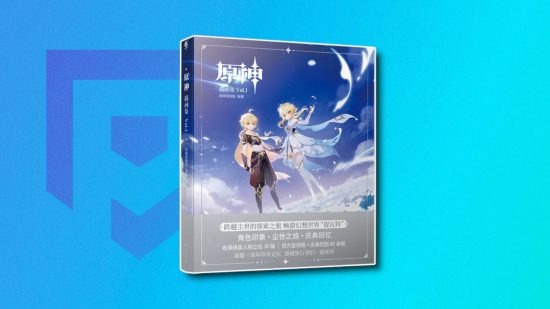 Genshin Impact merch. The first volume art book feature Aether and Lumine, outlined in white and pasted on a blue PT background