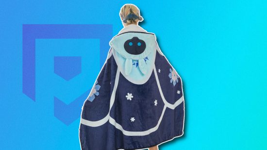Genshin Impact merch: A person wearing a Cryo Abyss Mage blanket, outlined in white and pasted on a blue PT background