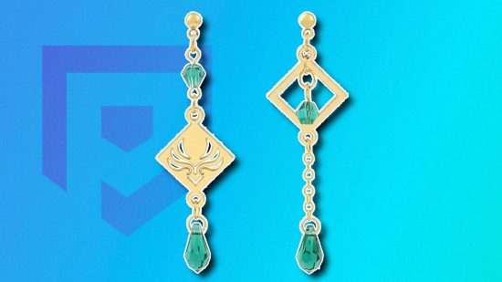 Genshin Impact merch: A pair of gold anemo dangly earrings outlined in white and pasted on a blue PT background