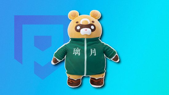 Genshin Impact merch: A giant Guoba plushie wearing a Liyue sports jacket outlined in white and pasted on a blue PT background