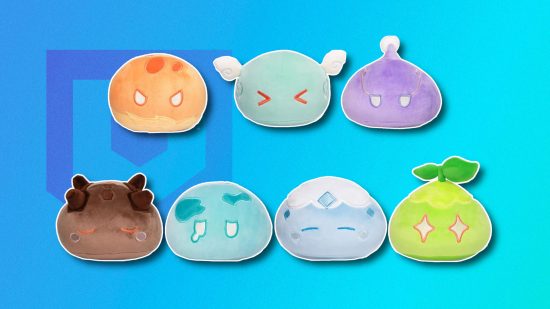Genshin Impact merch: Seven slime plushies with varying emotions outlined in white and pasted on a blue PT background
