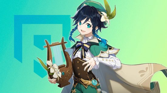 Genshin Impact Venti holding a lyre and smiling in front of a green and blue Pocket Tactics background