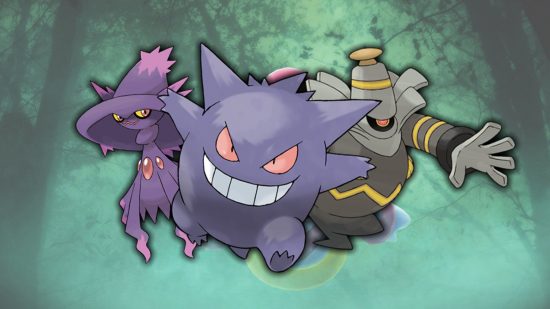 Ghost Pokemon: Mismagius, Gengar, and Dusknoir in front of a spooky forest