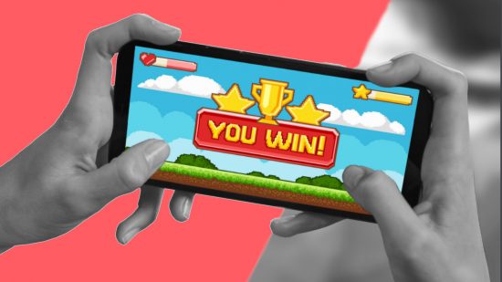 Good Games Don't Die: A screenshot of someone playing a mobile game that says 'you win' taken from the GGDD white paper and put on a red background using the colors from the research graphics
