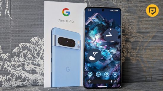 A Google Pixel 8 Pro device stood next to its box for a review of the phone