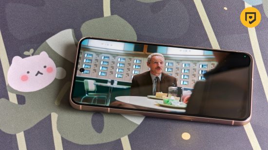 Image showcasing the display of the Google Pixel 8 with a clip from Loki on Disney+