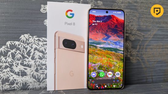 Image of the Google Pixel 8 next to it's display box for a review of the phone