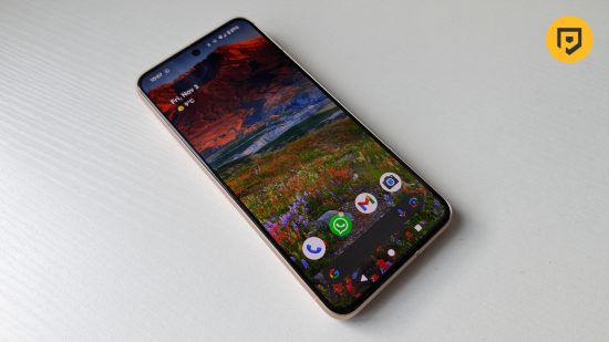 Custom image of the Google Pixel 8 on a white background showing the home screen for a review of the phone