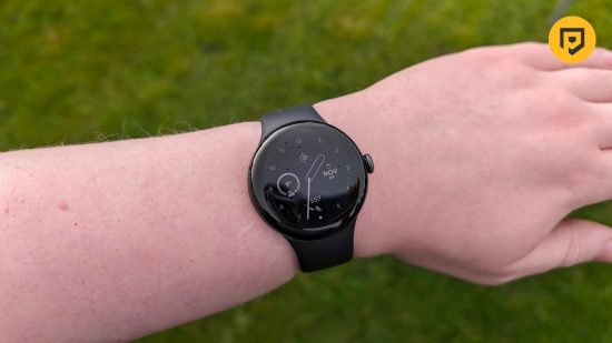 Image of the Google Pixel Watch 2 on the wrist in a field for a review of the device