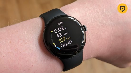 Picture of the Google Pixel Watch 2 showing fitness stats on the wrist for a review of the watch
