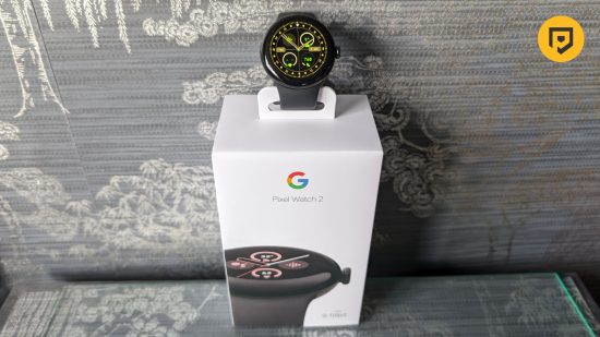Google Pixel Watch 2 and the box it comes in for a review of the phone