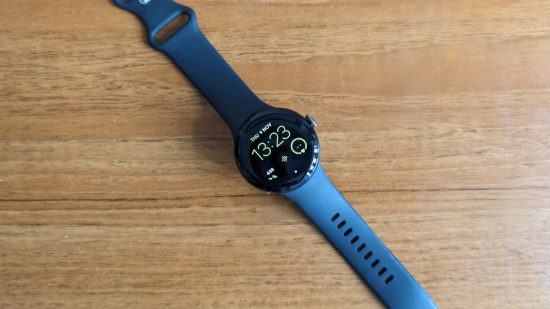 Image of the Google Pixel Watch 2 with a blue strap for a review of the watch