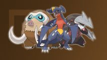 Ground Pokemon weakness: Mamoswine, Garchomp, and Exacdrill in front of a brown background