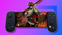 Hades mobile: A Backbone One controller holding an iPhone that's playing Hades. Zagreus is emerging out of the screen to pop out of it. This whole graphic is outlined in white and drop shadowed on a purple-blue PT background
