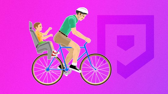 Happy Wheels unblocked: The Happy Wheels cyclist father and his child on their bike, outlined in white and pasted on a purple PT background