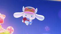 Hello Kitty Island Adventure Christmas: Cinnamoroll flying in a deep blue sky holding a white present box with a red ribbon, wearing his iconic pink and blue postman hat