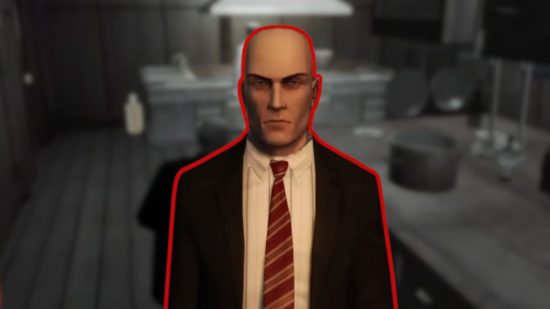Custom image for Hitman: Blood Money Reprisal review with Agent 47 outlined in red on a gameplay background