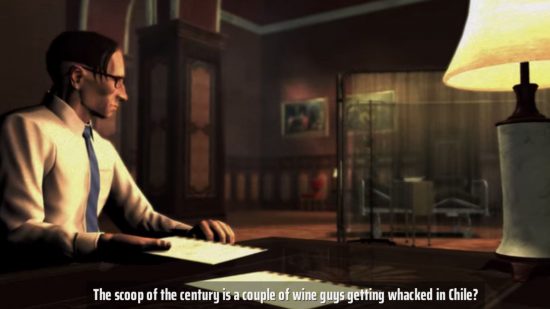 Screenshot of an early cutscene discussing the vineyard murders for Hitman: Blood Money Reprisal review