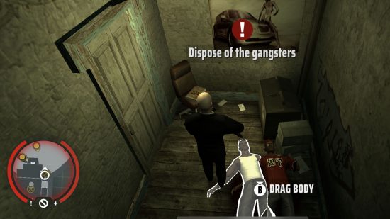 Screenshot of Agent 47 standing over the body of two gangsters for Hitman: Blood Money Reprisal review
