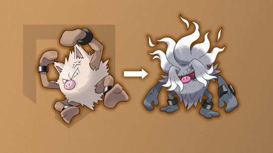 How to evolve Primeape: Primeape and Annihilape in front of a light brown PT background