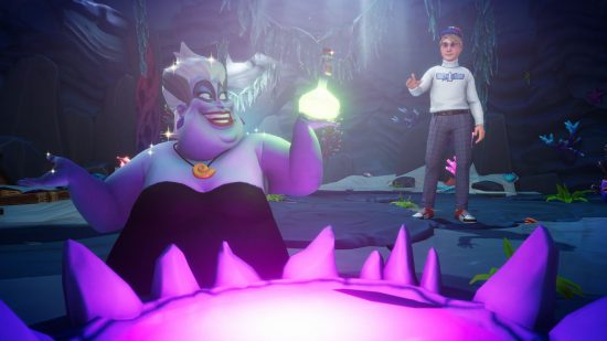 life sims Disney Dreamlight Valley's Ursula speaking to a human character in a dark cave