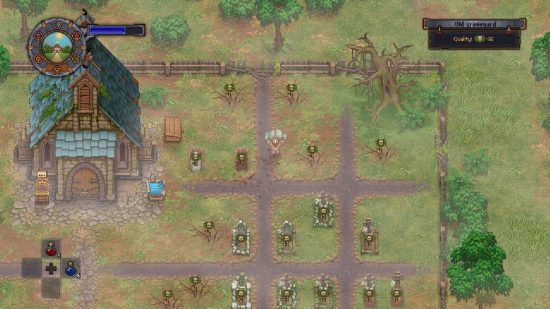 life sims - Graveyard Keeper's outdoor section where a player builds graves