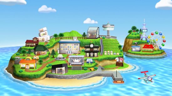 life sims -Tomodachi Life's island with homes, shops, and a ferris wheel