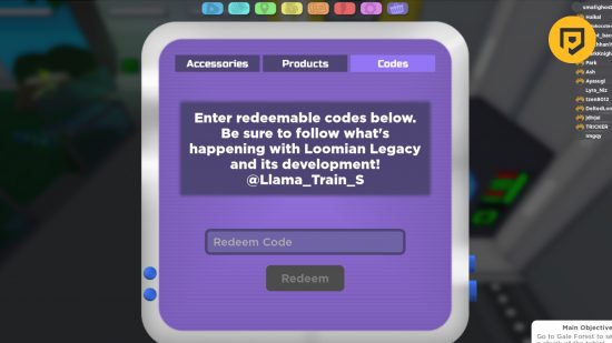 Loomian Legacy codes: A screenshot of the game's purple codes menu with a PT logo in the top right corner