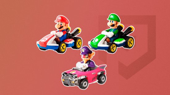 Mario Kart Hot Wheels toys of Mario, Luigi, and Waluigi on a red background