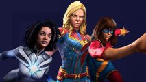 MCoC The Marvels characters Photon, Captain Marvel, and Kamala Khan in front of a midnight blue background