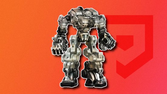 Mech games: A mech from 13 Sentinels outlined in white and pasted on a red PT background