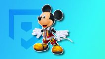 Mickey Mouse games: Kingdom Hearts King Mickey outlined in white and drop shadowed on a blue PT background