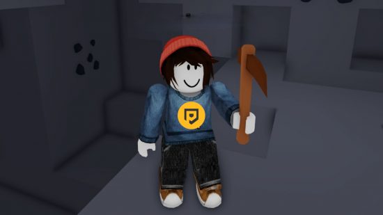 A Roblox character in a blue shirt with a pizza slice on it, wearing a red bean, with long black hair and red sneakers. They are holding a pickaxe in the game Mining Simulator 2.