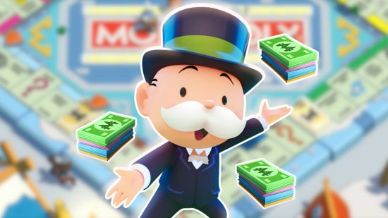Custom image for Monopoly Go revenue news with the Monopoly Man standing next to lots of Monopoly money